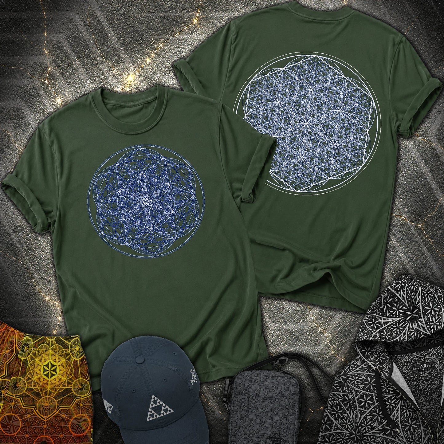 Sacred Flower Grids 2 Sided T-Shirt - Sacred Flower Grids 2 Sided T-Shirt - Forest Green
