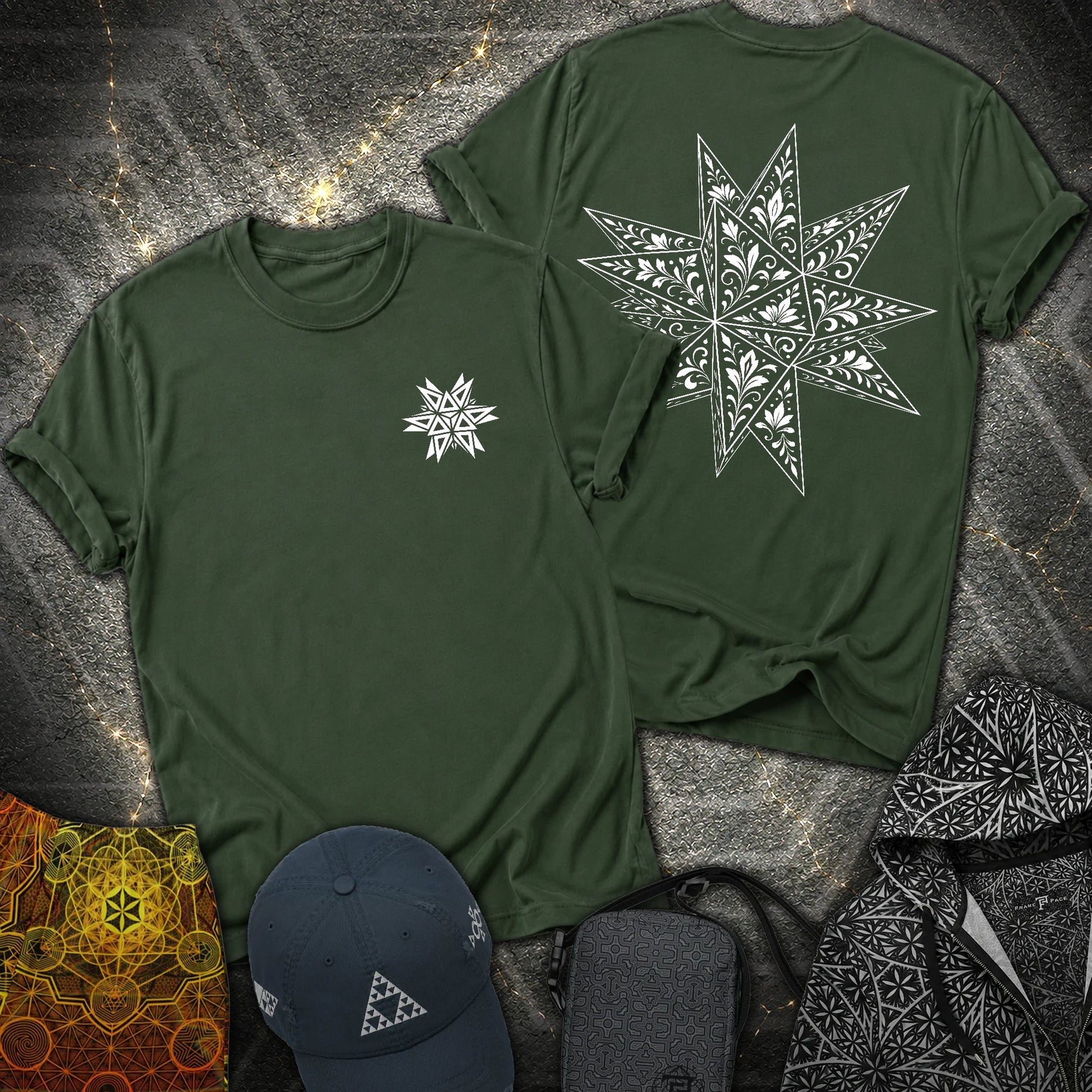 White Floral Stellated Dodecahedron 2 Sided T-Shirt - White Floral Stellated Dodecahedron 2 Sided T-Shirt - Forest Green