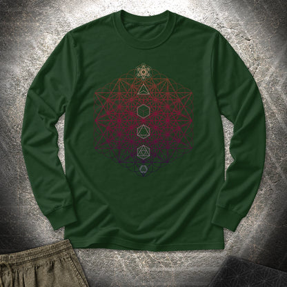 64 Tetrahedron Platonic Solids Metatron - 64 Tetrahedron Platonic Solids Metatron Long Sleeve Shirt - Forest Green