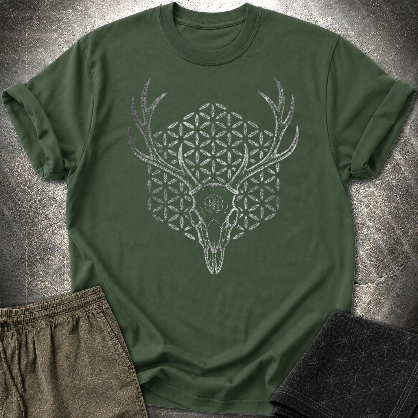Deer Skull Sacred Geometry Shirt, Antler Flower of Life Tee, Gothic Nature Graphic, Mystic Stag Skull T-Shirt - Deer Skull Sacred Geometry Shirt, Antler Flower of Life Tee, Gothic Nature Graphic, Mystic Stag Skull T-Shirt - Forest Green