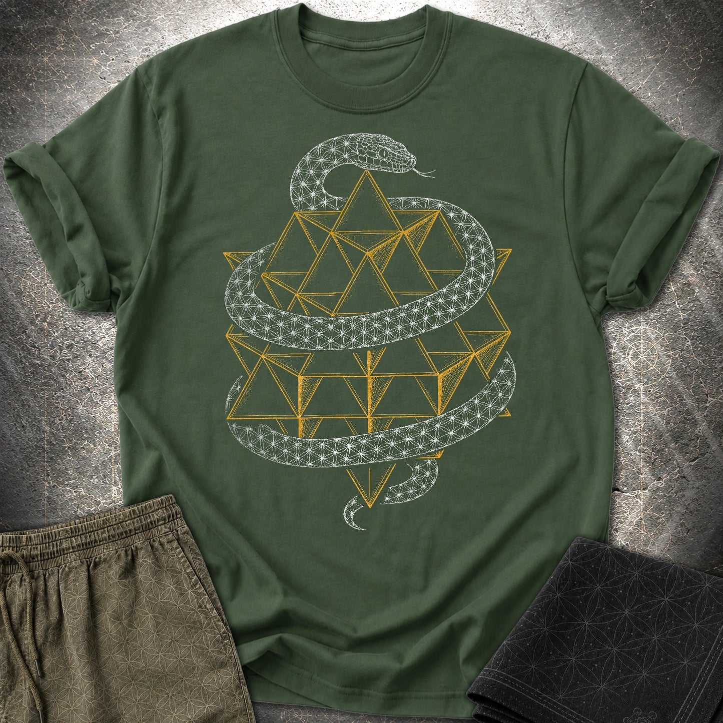 Serpent Tetrahedron Merkaba Geometry T-Shirt - Serpent Tetrahedron Merkaba Geometry T-Shirt - Forest Green