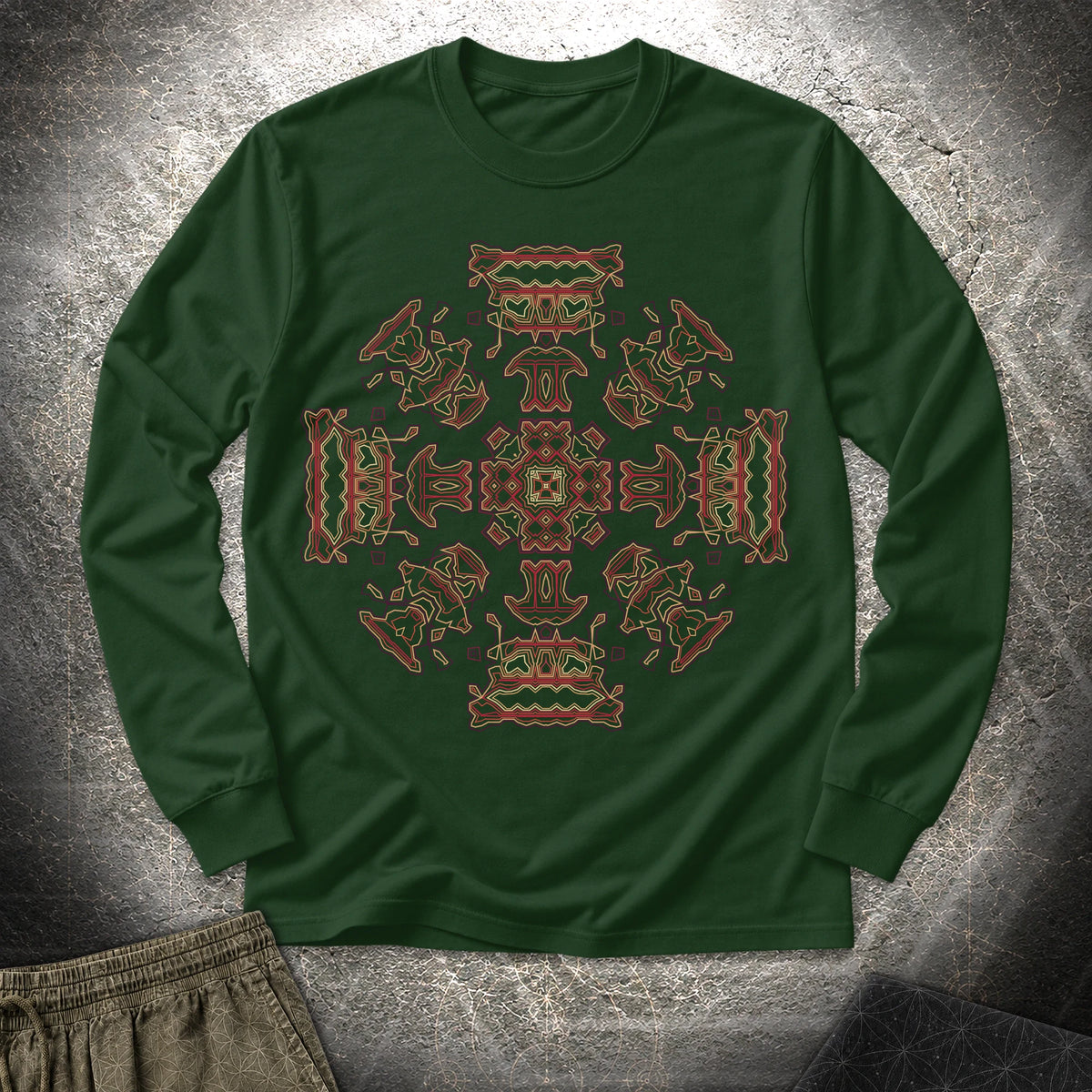 Shamanic Faces Geometric Long Sleeve Shirt - Shamanic Faces Geometric Long Sleeve Shirt - Forest Green