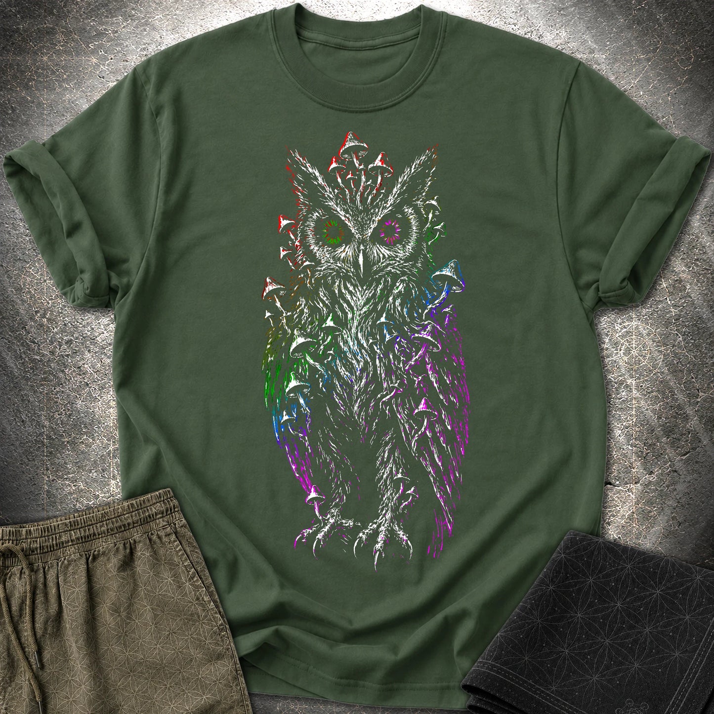 Trippy Mushroom Owl T-Shirt - Trippy Mushroom Owl T-Shirt - Forest Green