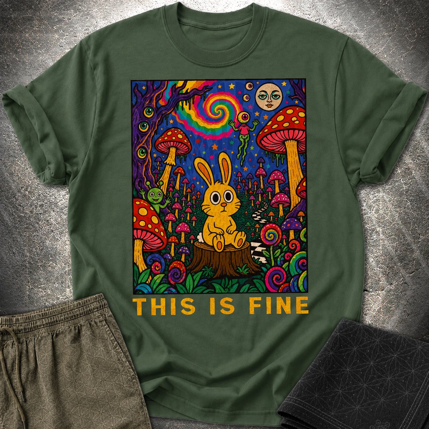 This Is Fine Rabbit T-Shirt - This Is Fine Rabbit T-Shirt - Forest Green