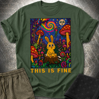 This Is Fine Rabbit T-Shirt - This Is Fine Rabbit T-Shirt - Forest Green