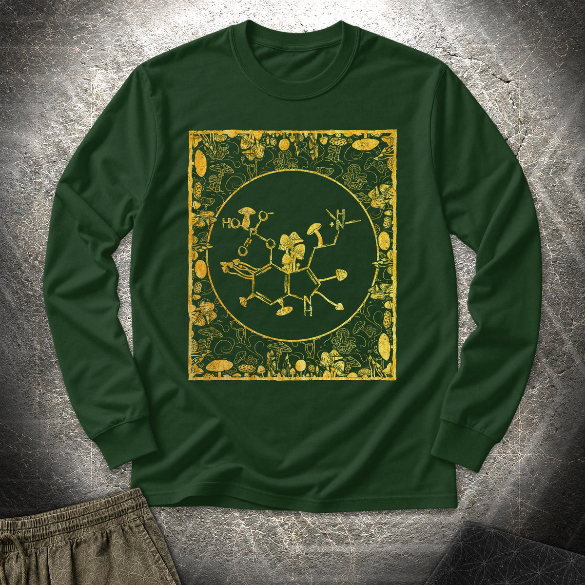 Psilocybin Molecule Mushroom Frame - Psilocybin Molecule Mushroom Frame Long Sleeve Shirt - Forest Green
