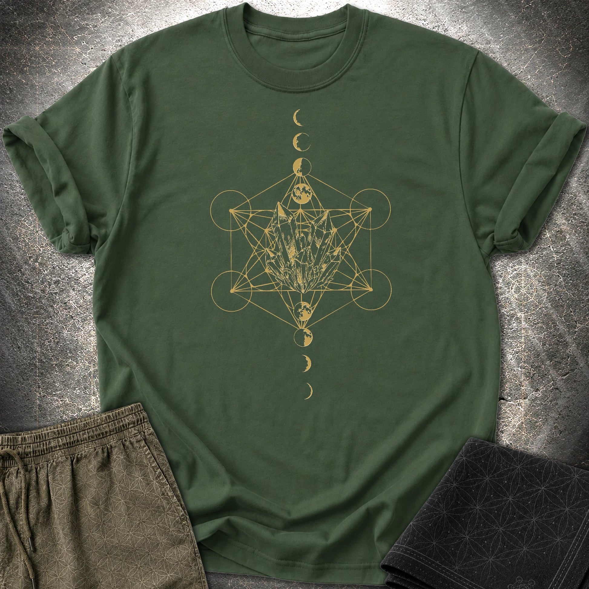 Metatron Crystal Moon Phases - Metatron Crystal Moon Phases T-Shirt - Forest Green