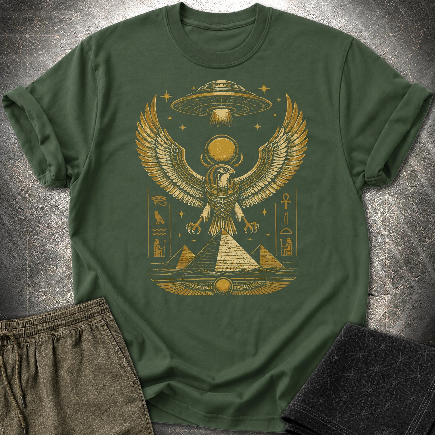 Falcon Guardian Beneath the Starship - Falcon Guardian Beneath the Starship T-Shirt - Forest Green