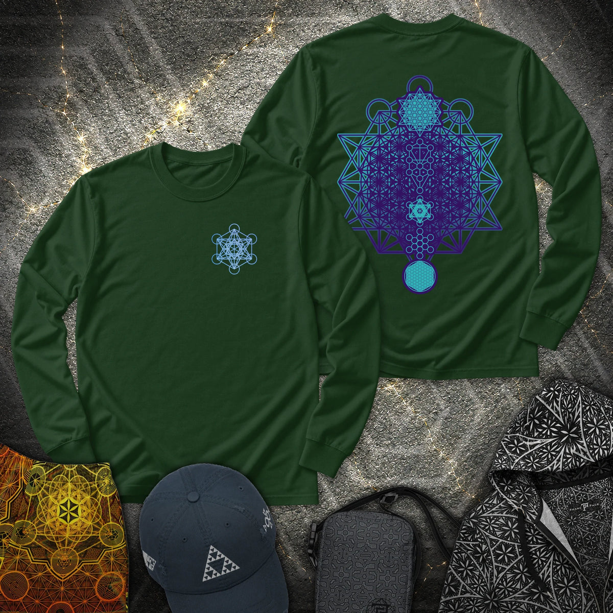 All The Sacred Geometry 2 Sided - All The Sacred Geometry 2 Sided Long Sleeve Shirt - Forest Green