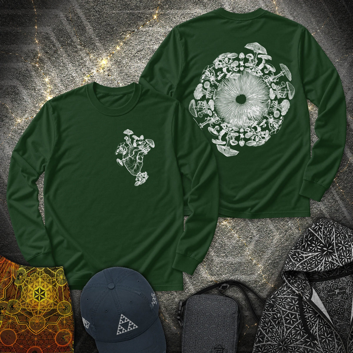 Mushroom Heart Mushroom Iris 2 Sided - Mushroom Heart Mushroom Iris 2 Sided Long Sleeve Shirt - Forest Green