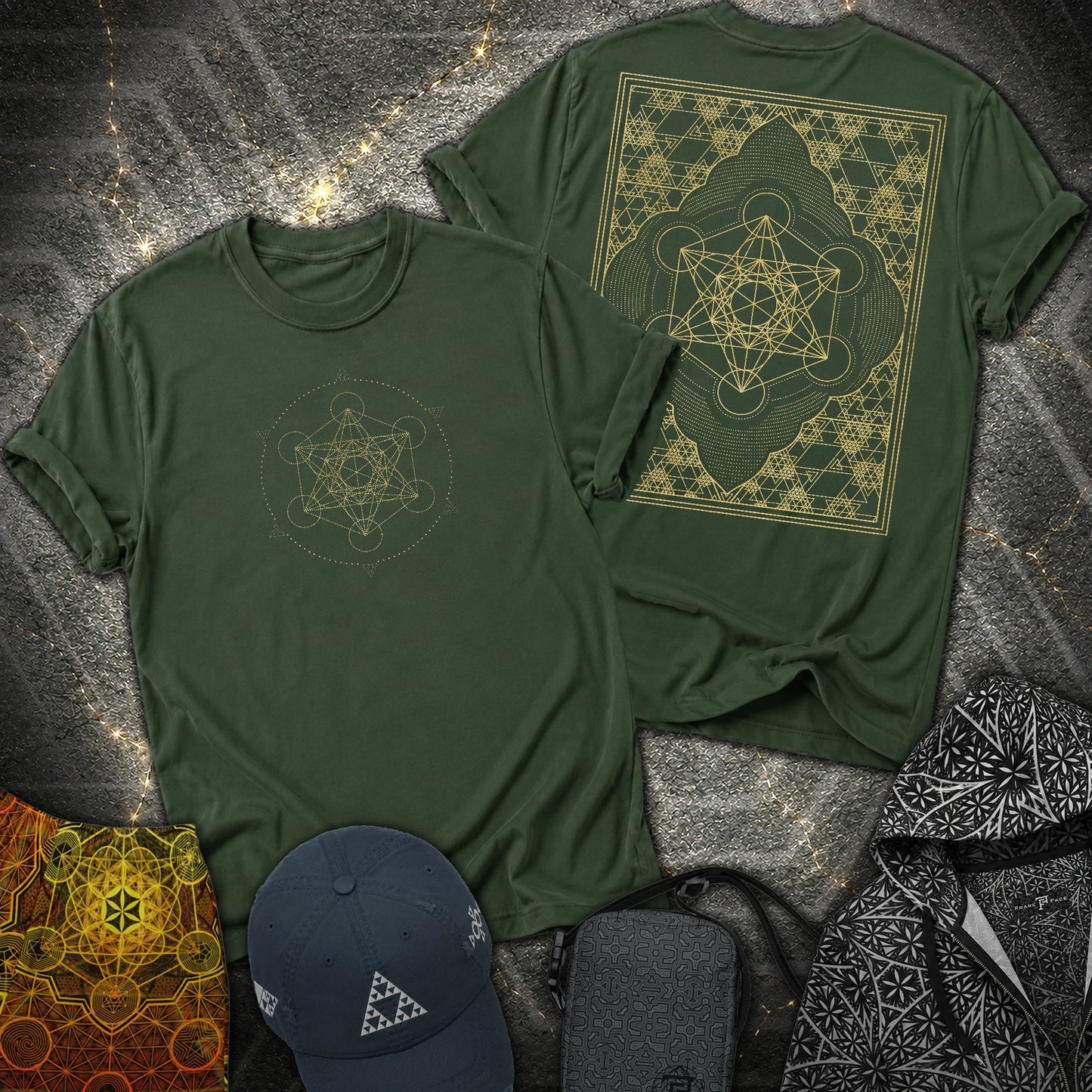 Metatron Cube Shirt, Sacred Geometry Front Back Tee, Gold Esoteric Mandala Graphic, Mystic Geometric 2 Sided T-Shirt - Metatron Cube Shirt, Sacred Geometry Front Back Tee, Gold Esoteric Mandala Graphic, Mystic Geometric 2 Sided T-Shirt - Forest Green