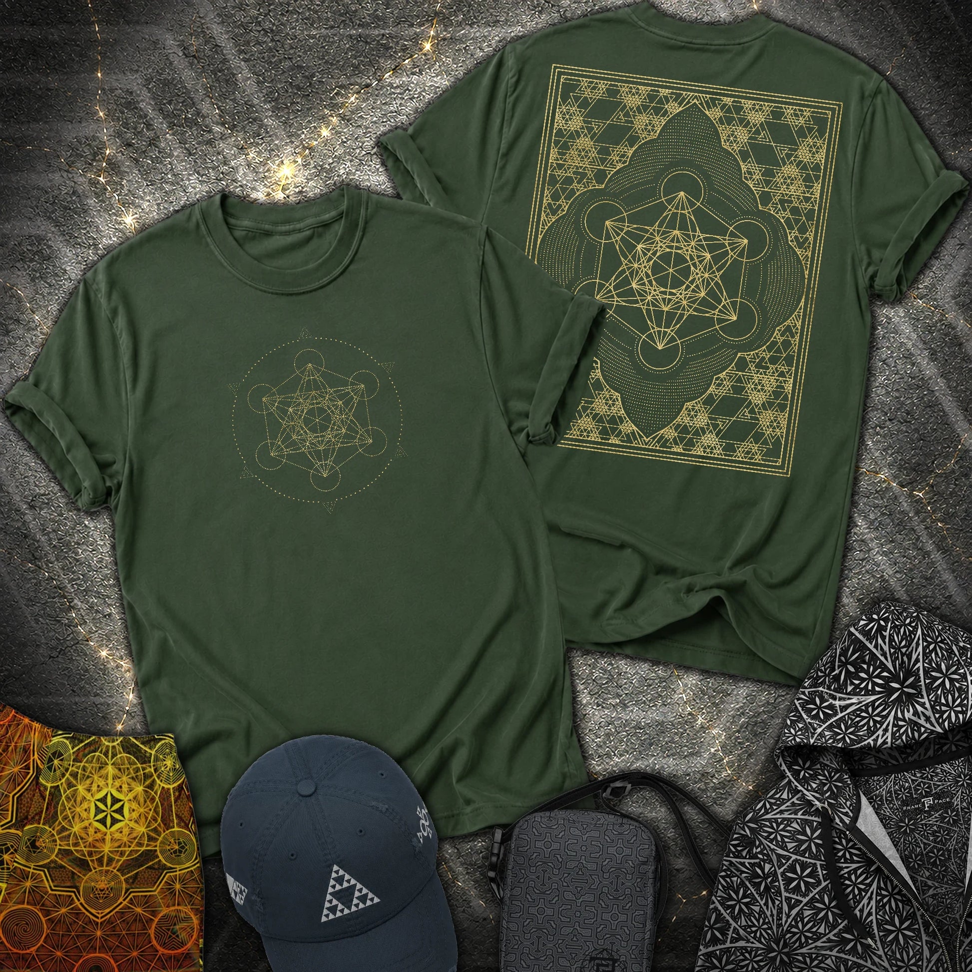 Metatron Cube Shirt, Sacred Geometry Front Back Tee, Gold Esoteric Mandala Graphic, Mystic Geometric 2 Sided T-Shirt - Metatron Cube Shirt, Sacred Geometry Front Back Tee, Gold Esoteric Mandala Graphic, Mystic Geometric 2 Sided T-Shirt - Forest Green
