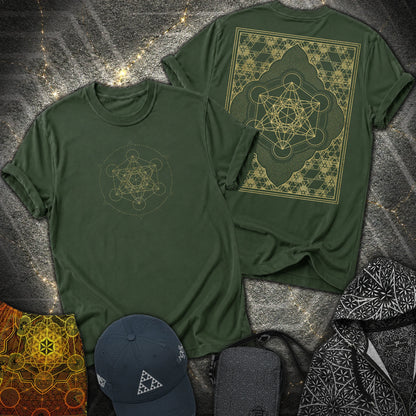 Metatron Cube Shirt, Sacred Geometry Front Back Tee, Gold Esoteric Mandala Graphic, Mystic Geometric 2 Sided T-Shirt - Metatron Cube Shirt, Sacred Geometry Front Back Tee, Gold Esoteric Mandala Graphic, Mystic Geometric 2 Sided T-Shirt - Forest Green