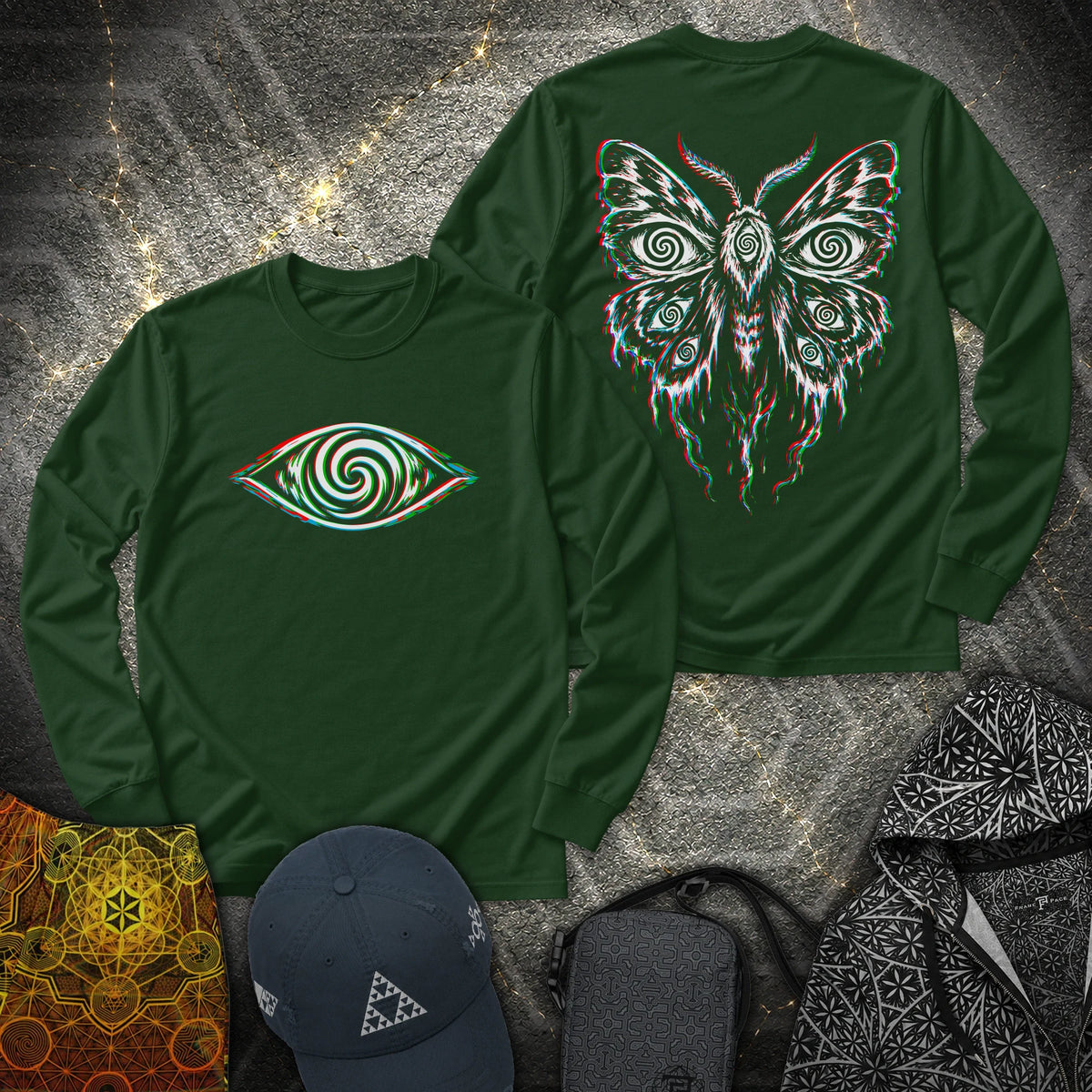 Hypnotic Eye Moth 2 Sided - Hypnotic Eye Moth 2 Sided Long Sleeve Shirt - Forest Green