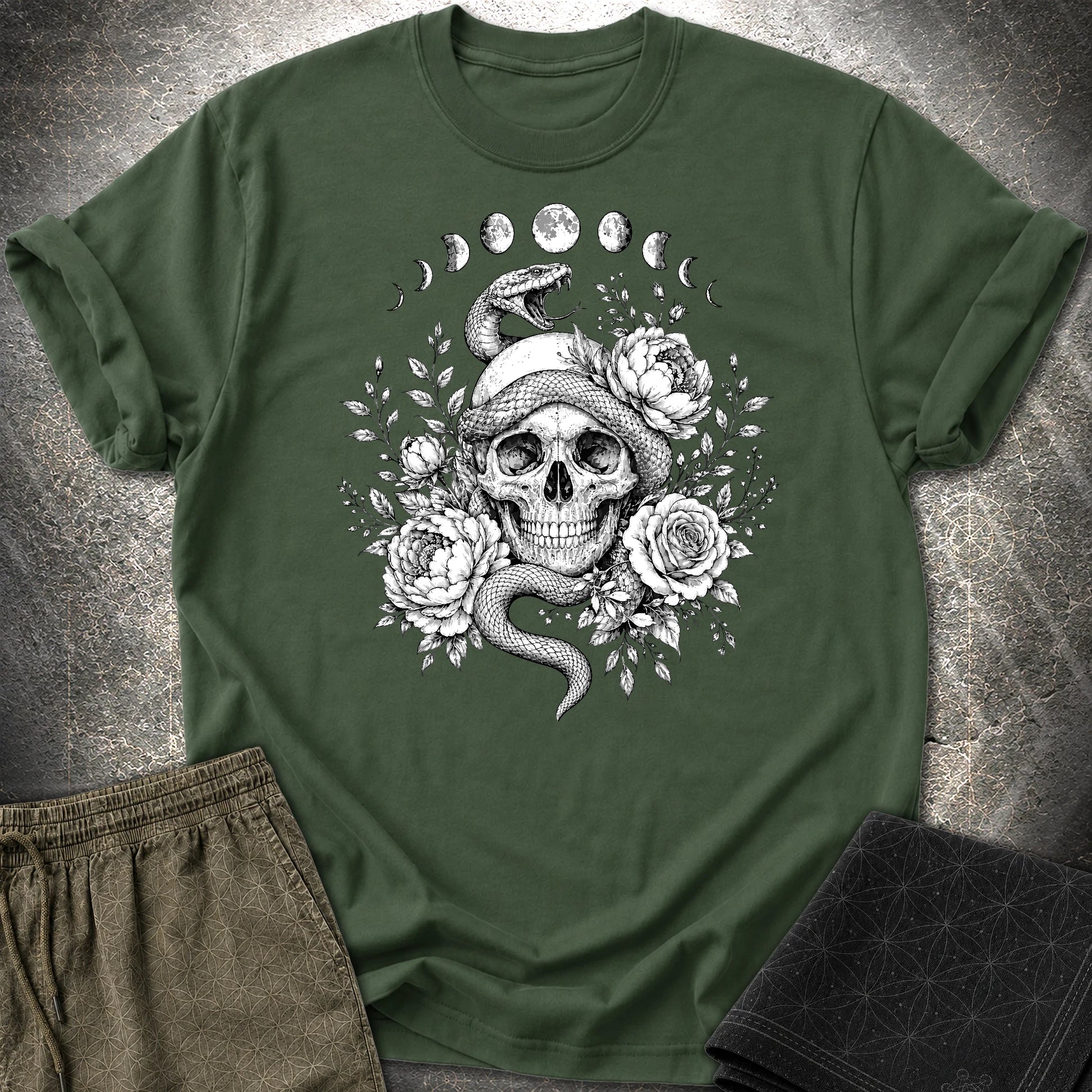 Skull Snake Moon Phases - Skull Snake Moon Phases T-Shirt - Forest Green