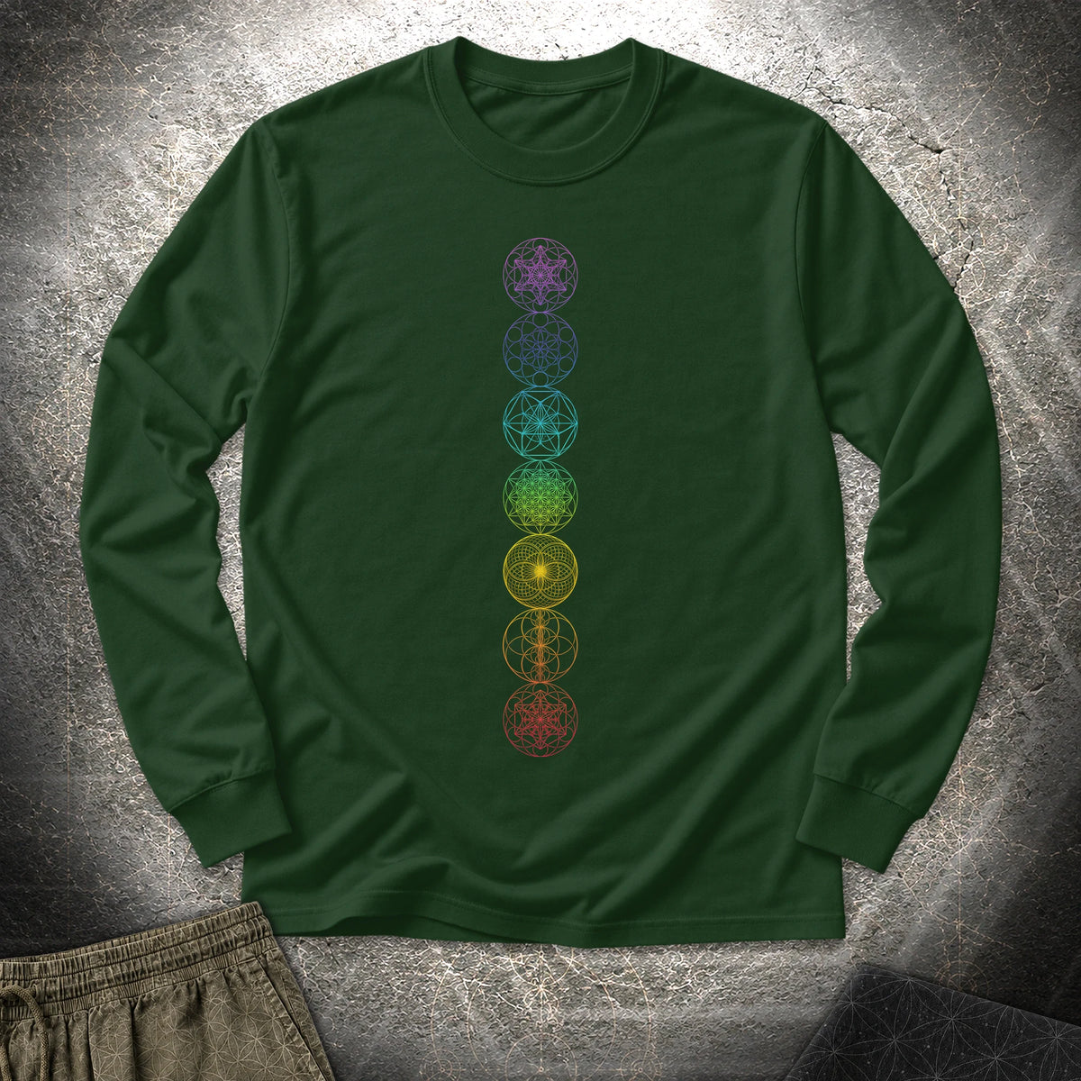 7 Sacred Geometry Chakras - 7 Sacred Geometry Chakras Long Sleeve Shirt - Forest Green
