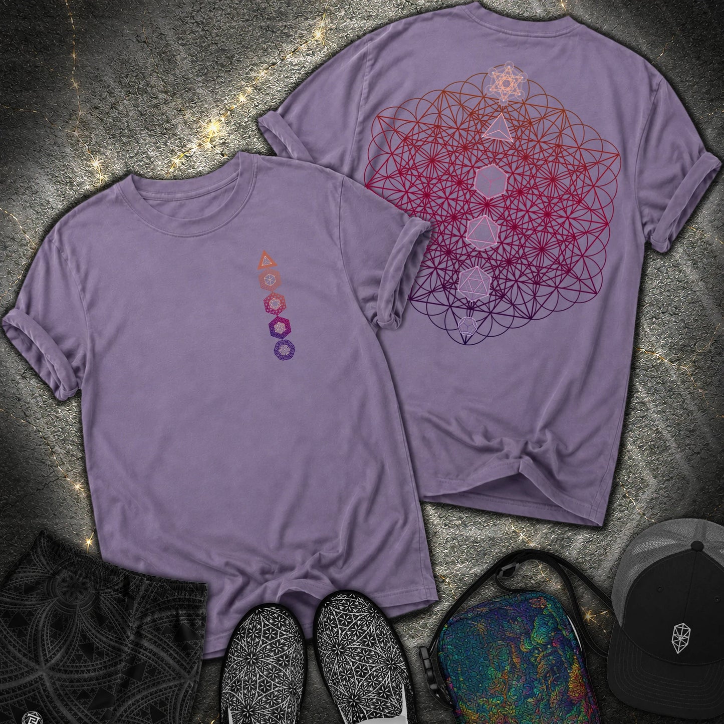 64 Tetrahedron Platonic Solids Metatron 2 Sided Comfort T-shirt - 64 Tetrahedron Platonic Solids Metatron 2 Sided Comfort T-shirt - Grape