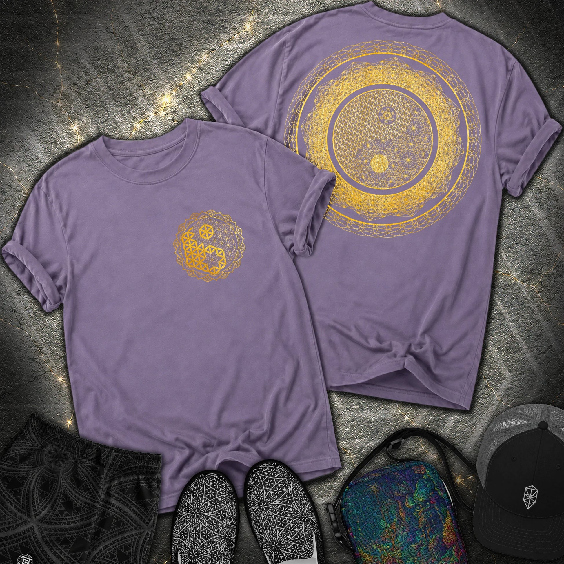 Yin Yang Sacred Geometry 2 Sided T-Shirt - Yin Yang Sacred Geometry 2 Sided Comfort T-Shirt - Grape