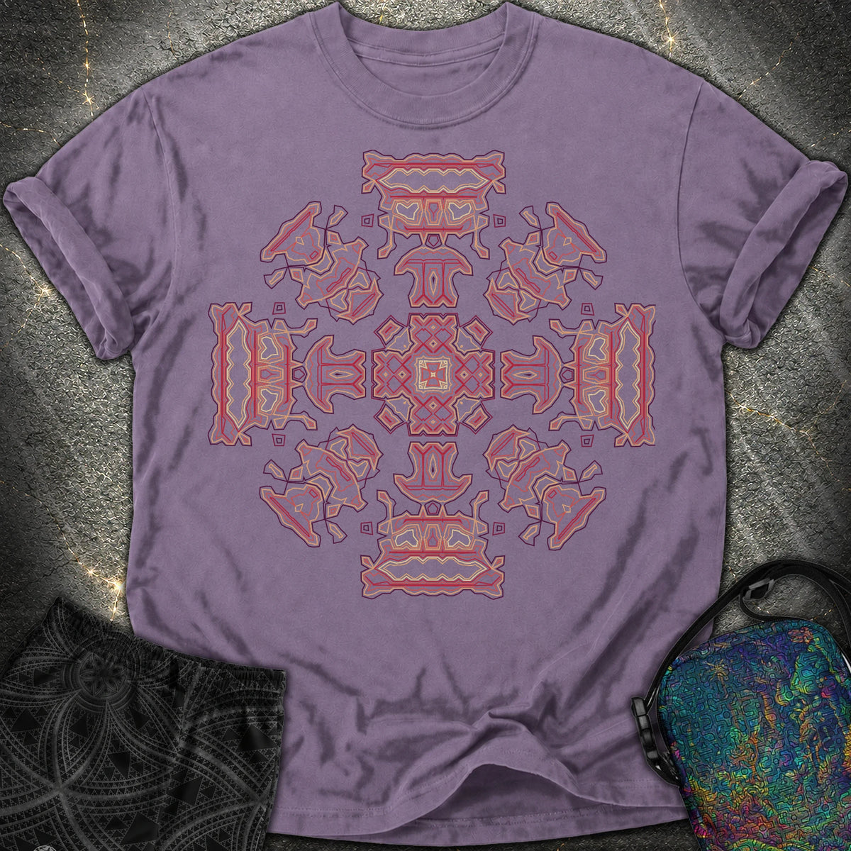 Shamanic Faces Geometric Comfort T-Shirt - Shamanic Faces Geometric Comfort T-Shirt - Grape