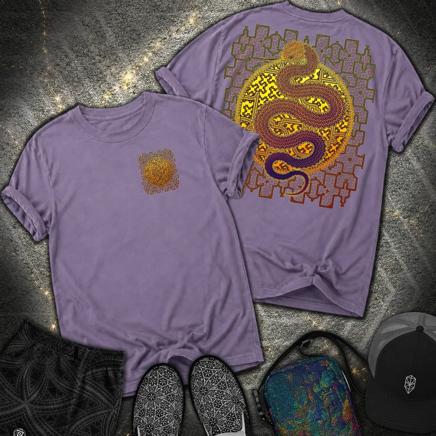 Shipibo Kene Cosmic Snake Comfort 2 Sided T-shirt - Shipibo Kene Cosmic Snake Comfort 2 Sided T-shirt - Grape