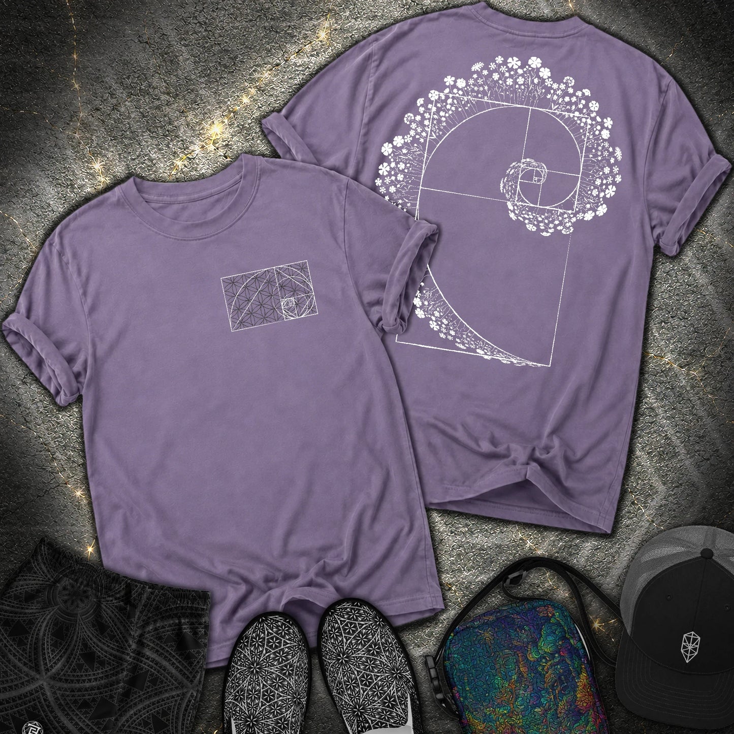 Floral Golden Ratio Spiral 2 Sided Comfort T-Shirt - Floral Golden Ratio Spiral 2 Sided Comfort T-Shirt - Grape
