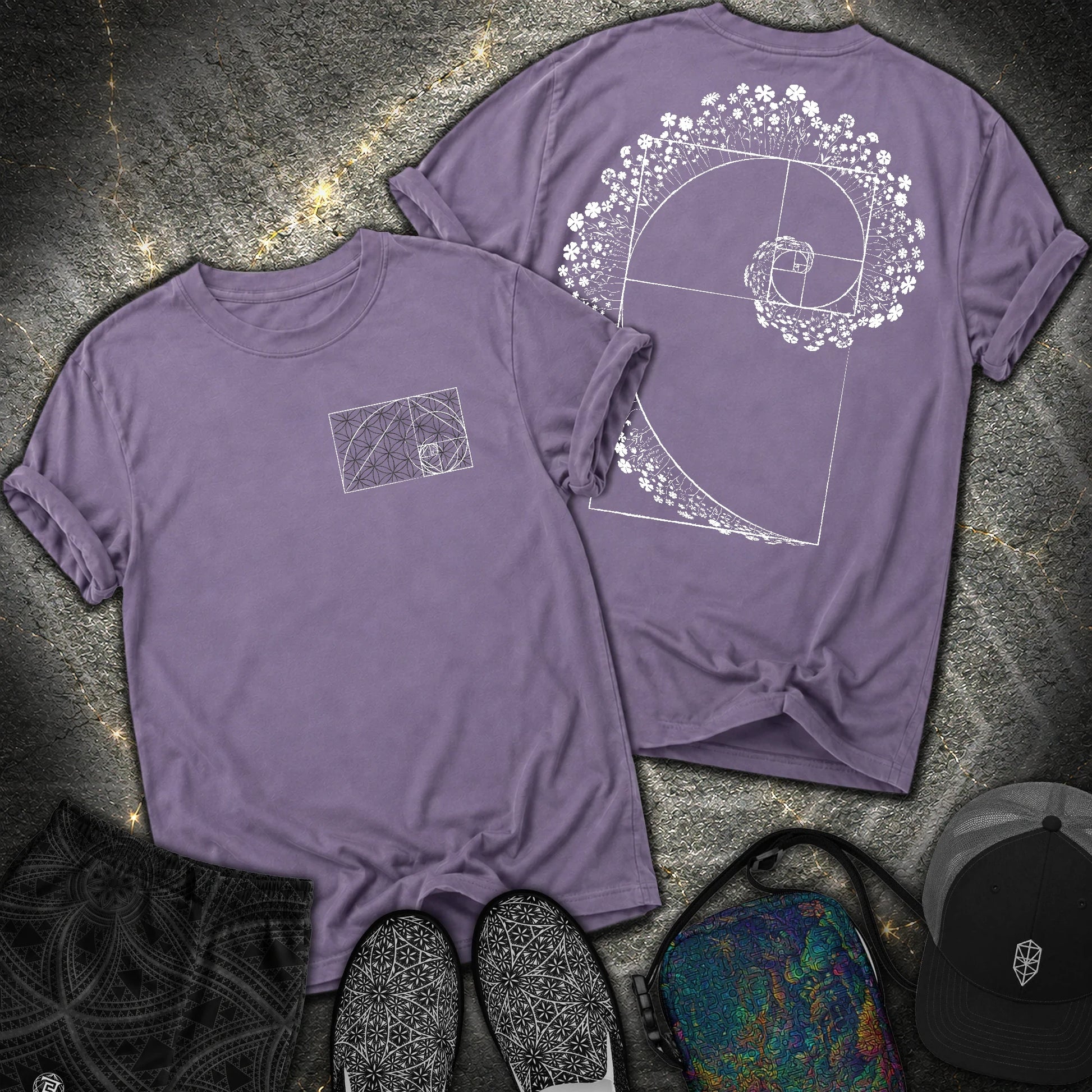 Floral Golden Ratio Spiral 2 Sided Comfort T-Shirt - Floral Golden Ratio Spiral 2 Sided Comfort T-Shirt - Grape