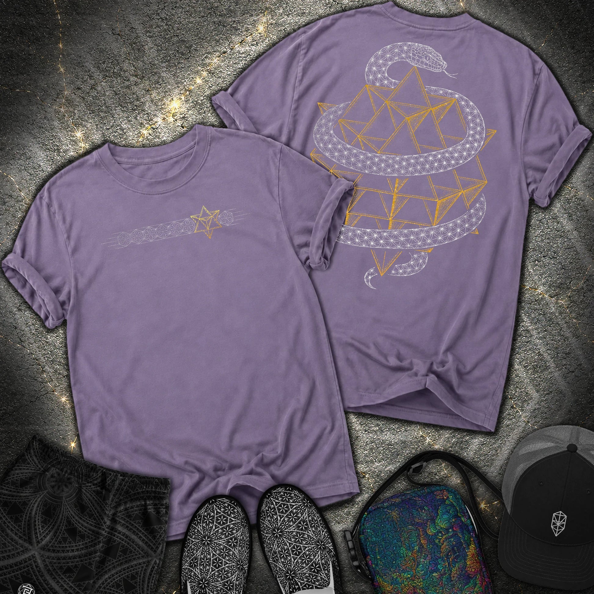 Serpent Tetrahedron Merkaba Geometry 2 Sided Comfort T-Shirt - Serpent Tetrahedron Merkaba Geometry 2 Sided Comfort T-Shirt - Grape