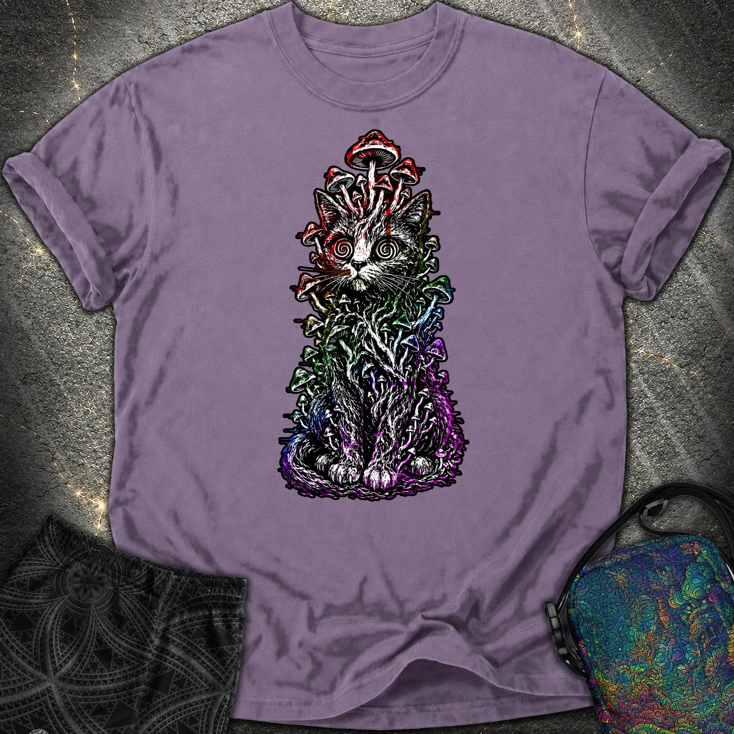 Trippy Mushroom Cat Comfort T-Shirt - Trippy Mushroom Cat Comfort T-Shirt - Grape