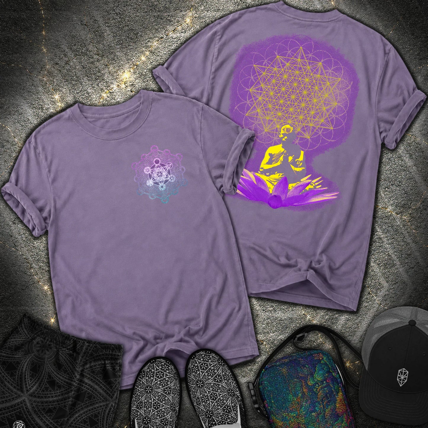 Meditating Monk Tetrahedron Metatron 2 Sided Comfort T-Shirt - Meditating Monk Tetrahedron Metatron 2 Sided Comfort T-Shirt - Grape