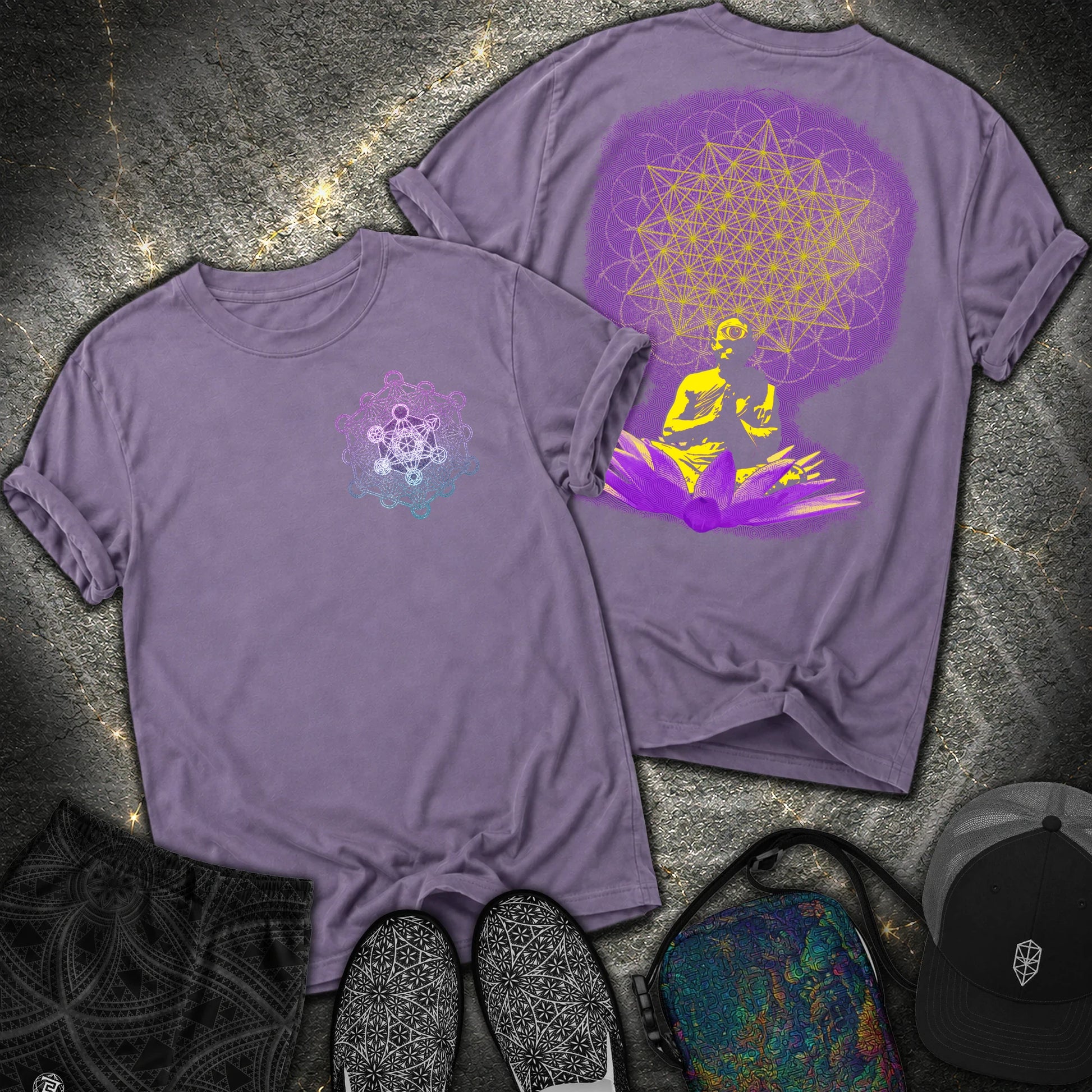 Meditating Monk Tetrahedron Metatron 2 Sided Comfort T-Shirt - Meditating Monk Tetrahedron Metatron 2 Sided Comfort T-Shirt - Grape