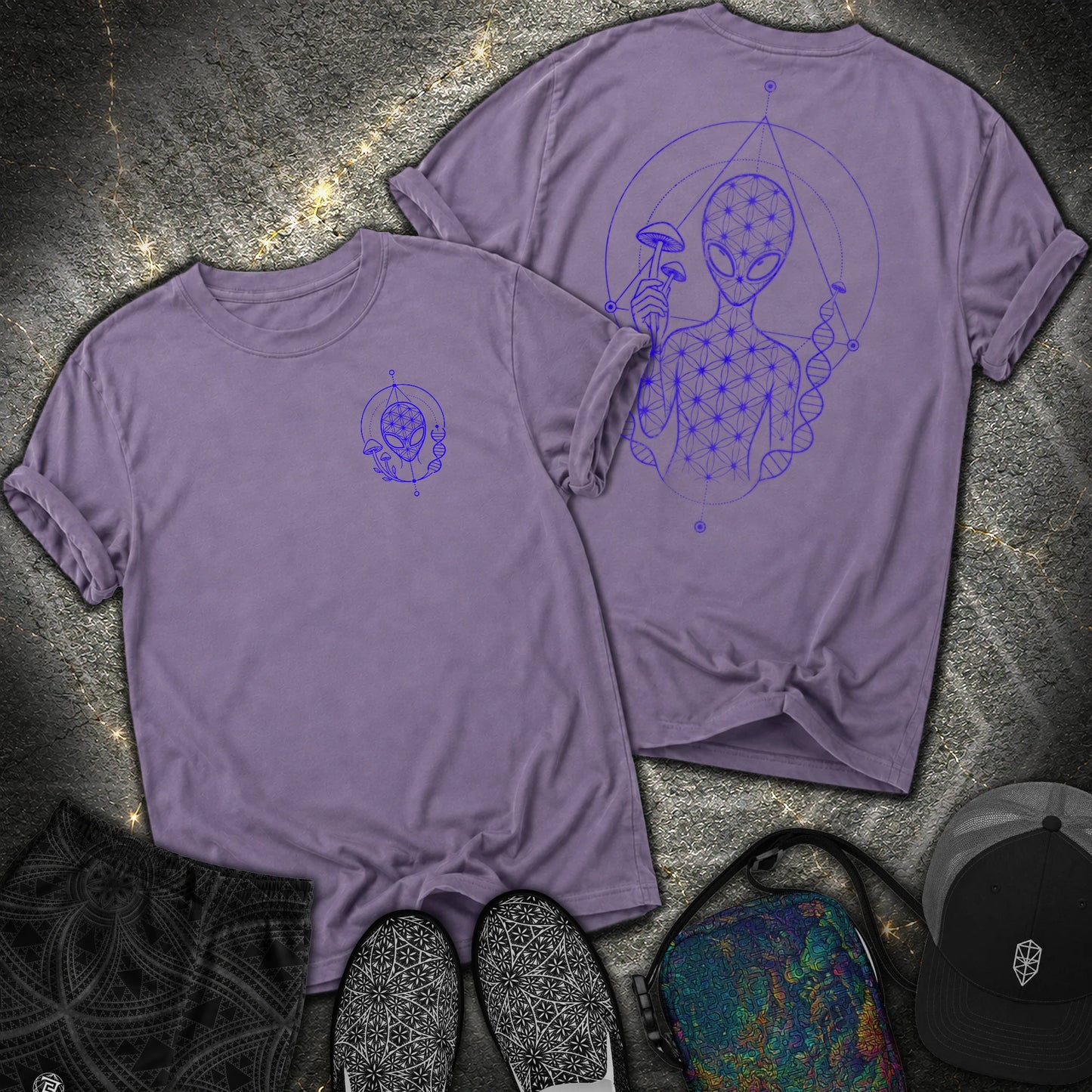 Alien Mushroom Shirt, Sacred Geometry Mushroom Alien 2 Sided T-Shirt - Alien Mushroom Shirt, Sacred Geometry Mushroom Alien 2 Sided Comfort T-Shirt - Grape