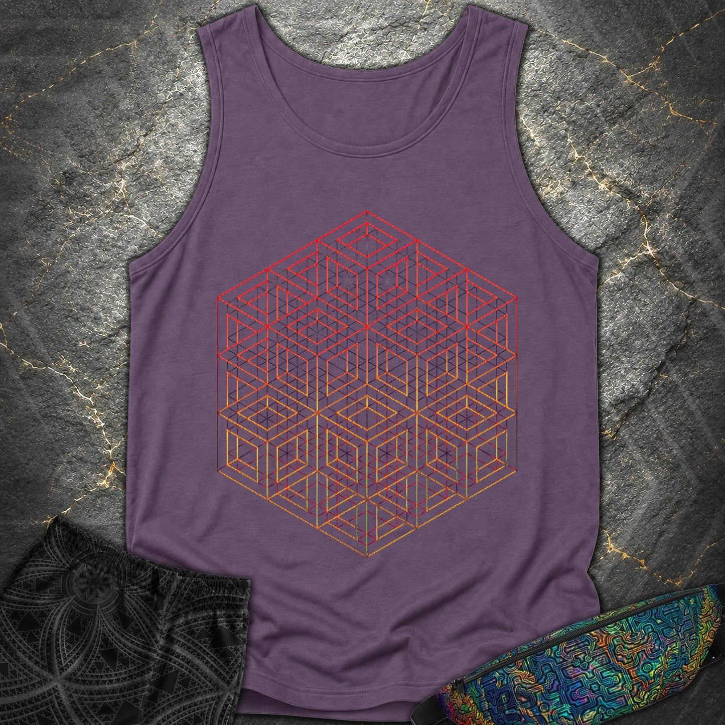3D Wireframe Cube T-Shirt - 3D Wireframe Cube Comfort Tank Top - Grape