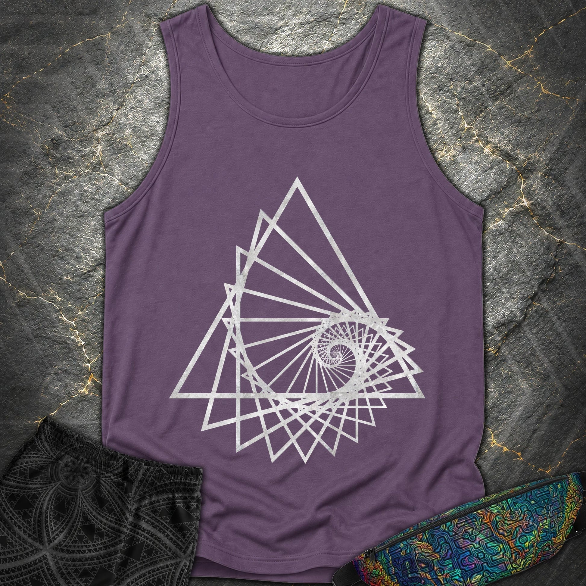 Spiralling Triangle Geometric T-Shirt - Spiralling Triangle Geometric Comfort Tank Top - Grape