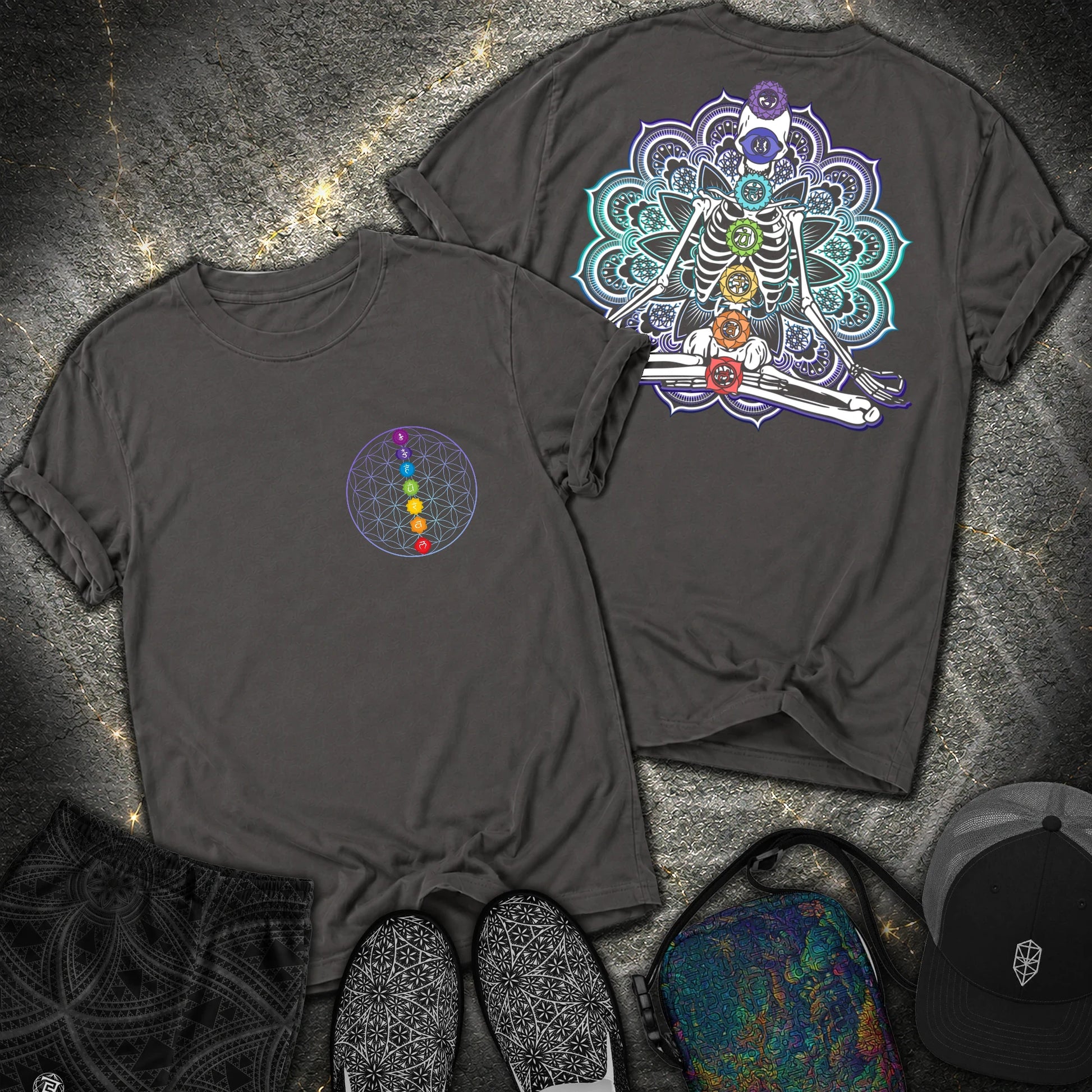 We Are One Meditating Skeleton 2 Sided T-Shirt - We Are One Meditating Skeleton 2 Sided Comfort T-Shirt - Graphite