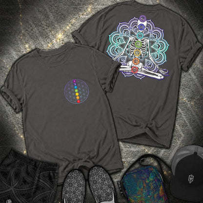 We Are One Meditating Skeleton 2 Sided T-Shirt - We Are One Meditating Skeleton 2 Sided Comfort T-Shirt - Graphite