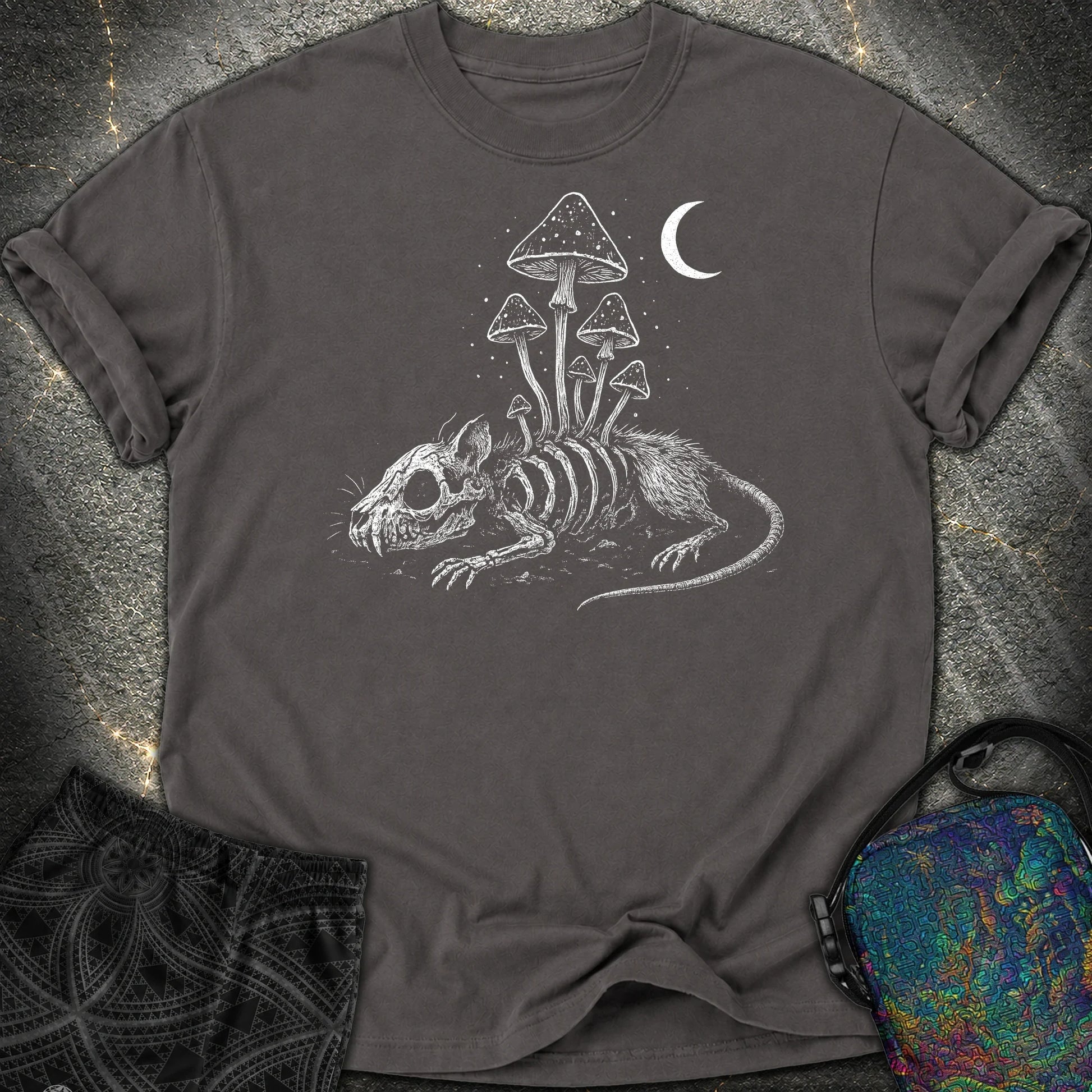 Rat Skeleton & Mushrooms Gothic Comfort T-Shirt - Rat Skeleton & Mushrooms Gothic Comfort T-Shirt - Graphite