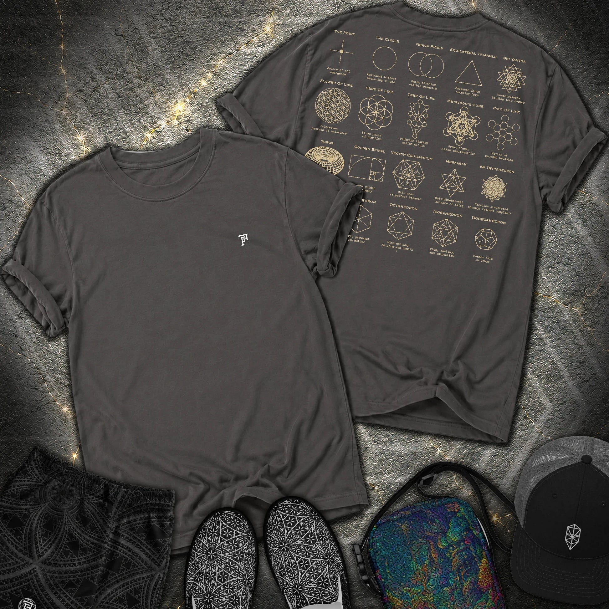 Sacred Geometry Figures Back Print 2 Sided Comfort T-Shirt - Sacred Geometry Figures Back Print 2 Sided Comfort T-Shirt - Graphite