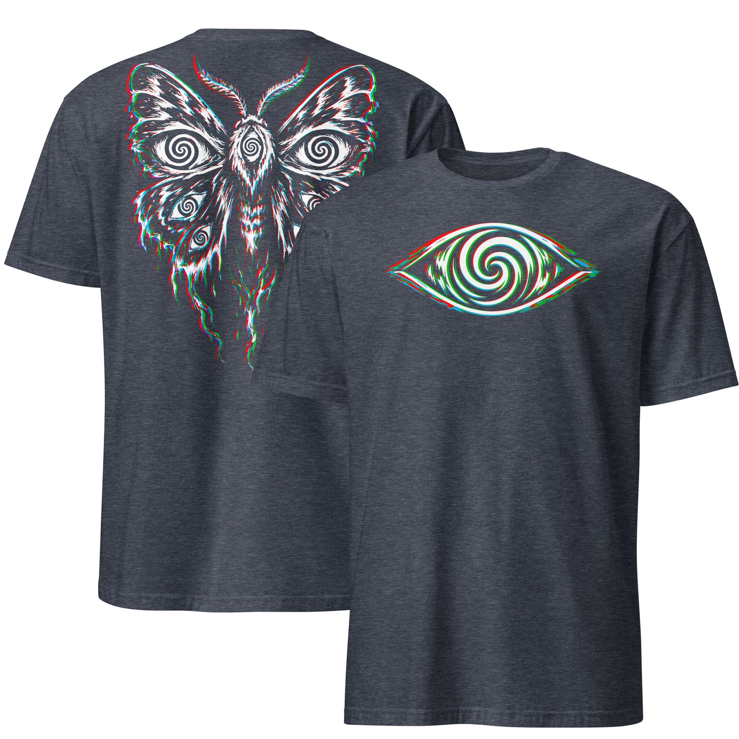 Hypnotic Eye Moth Shirt, Front and Back Psychedelic Glitch Tee, Surreal Occult Festival T-Shirt