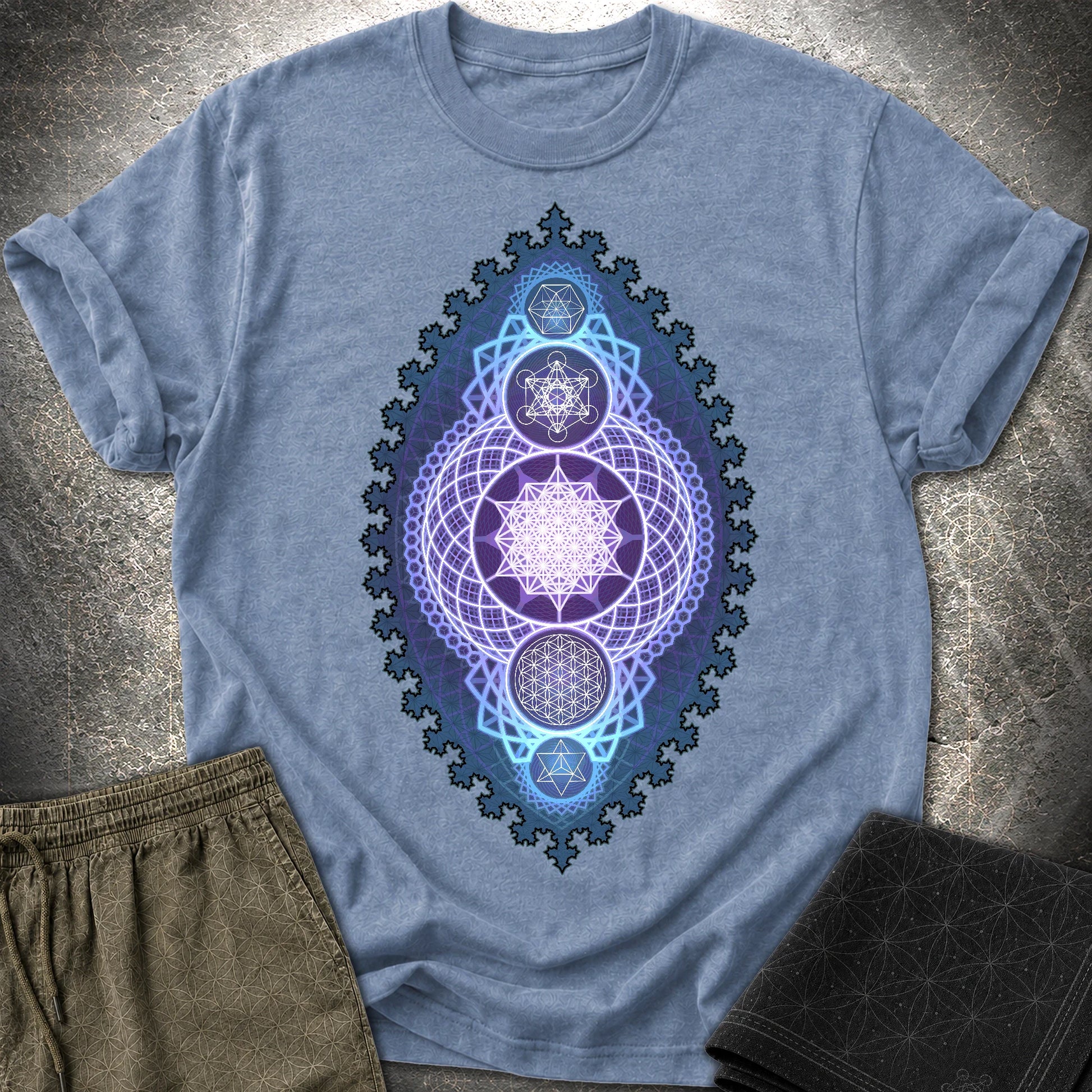 Blue Fractal Sacred Geometry Fusion T-Shirt - Blue Fractal Sacred Geometry Fusion T-Shirt - Heather Indigo