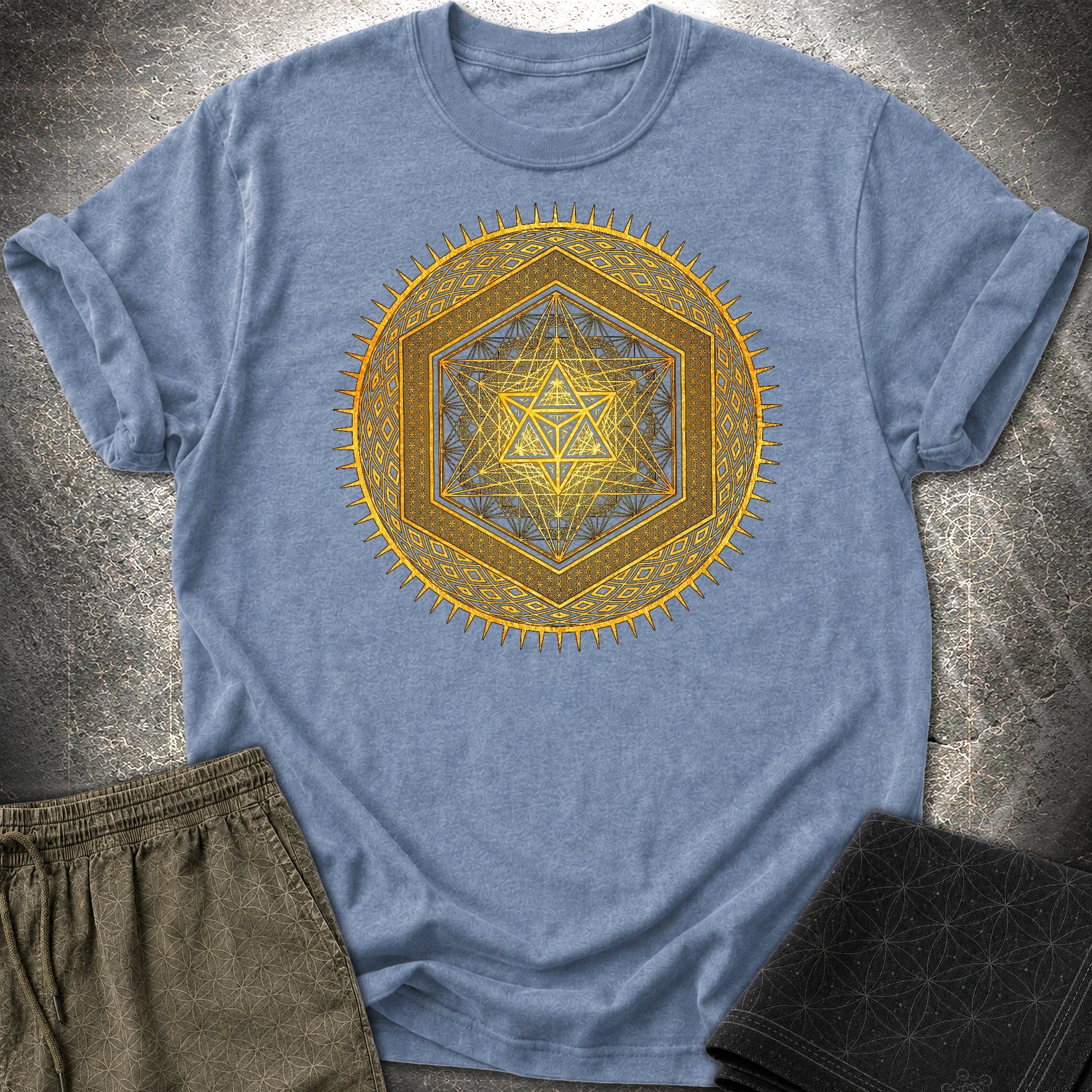 Metatron's Cube Radiating Merkaba T-Shirt - Metatron's Cube Radiating Merkaba T-Shirt - Heather Indigo