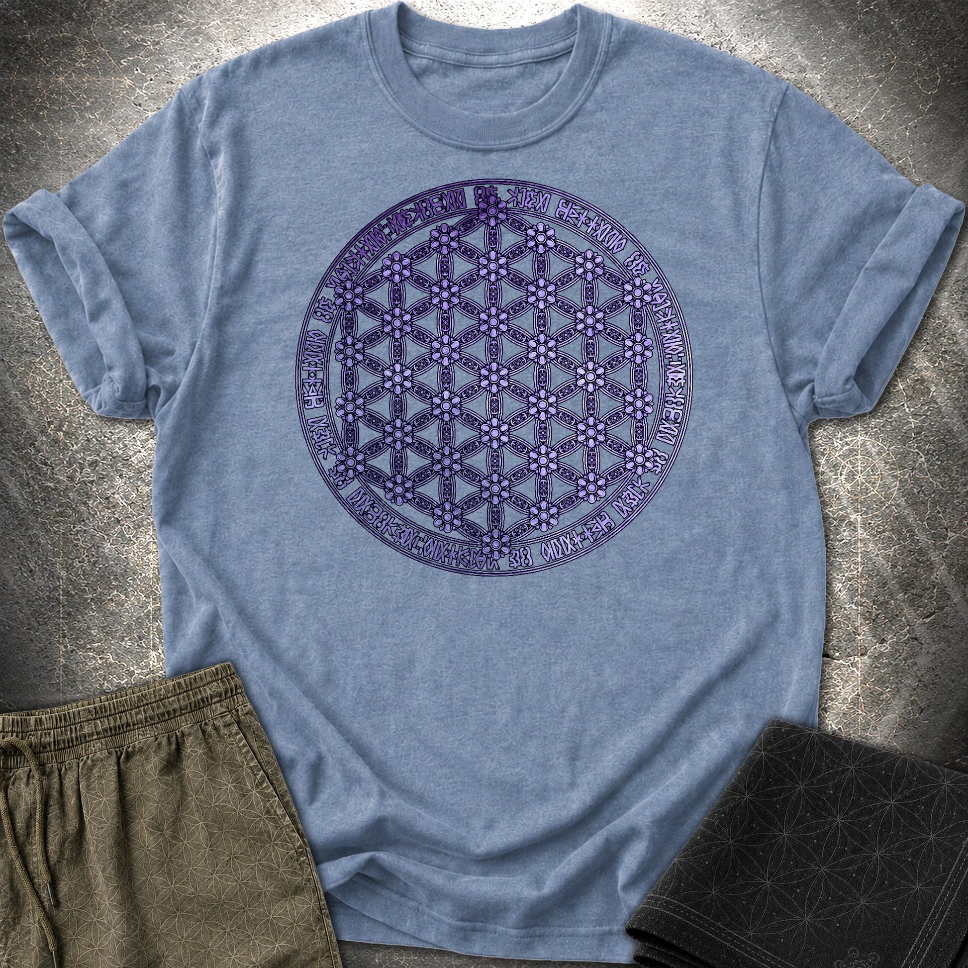 Purple Flower Of Life Foo Lion T-Shirt - Purple Flower Of Life Foo Lion T-Shirt - Heather Indigo