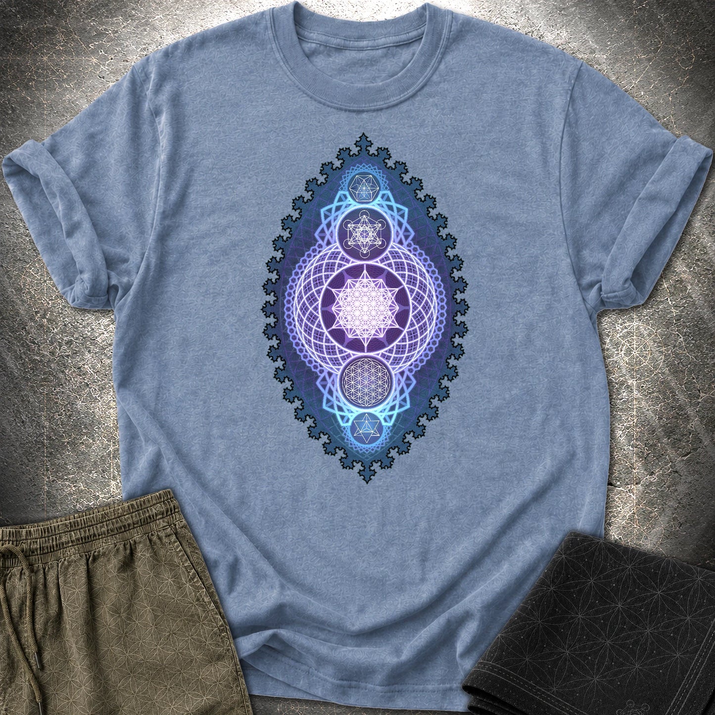 Blue Fractal Sacred Geometry Fusion T-Shirt - Blue Fractal Sacred Geometry Fusion T-Shirt - Heather Indigo