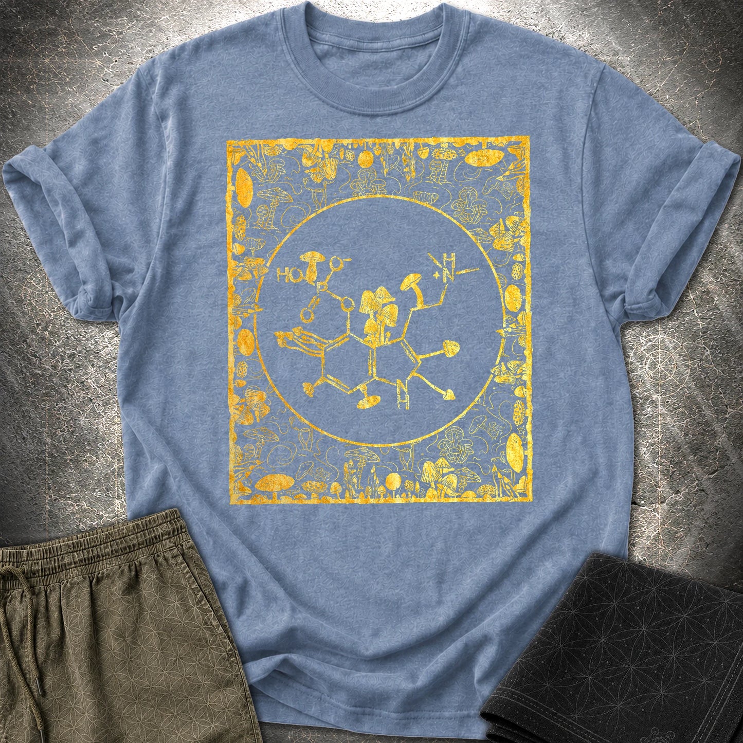 Psilocybin Molecule Mushroom Frame T-Shirt - Psilocybin Molecule Mushroom Frame  T-Shirt - Heather Indigo
