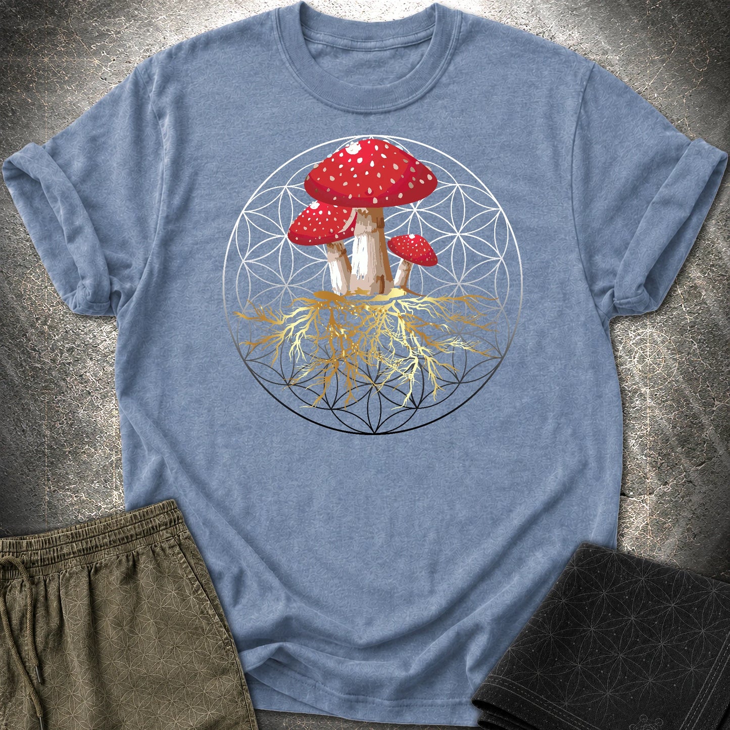 Fly Agaric Flower Of Life T-Shirt - Fly Agaric Flower Of Life T-Shirt - Heather Indigo
