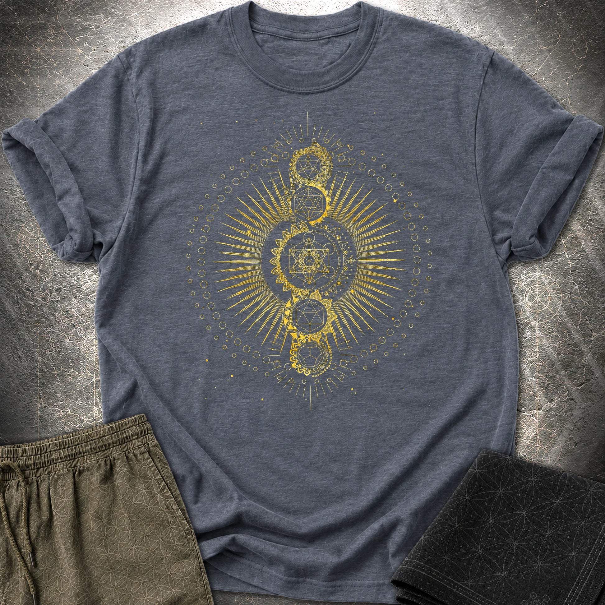 Sacred Geometry Radiating Mandala T-Shirt - Sacred Geometry Radiating Mandala T-Shirt - Heather Navy
