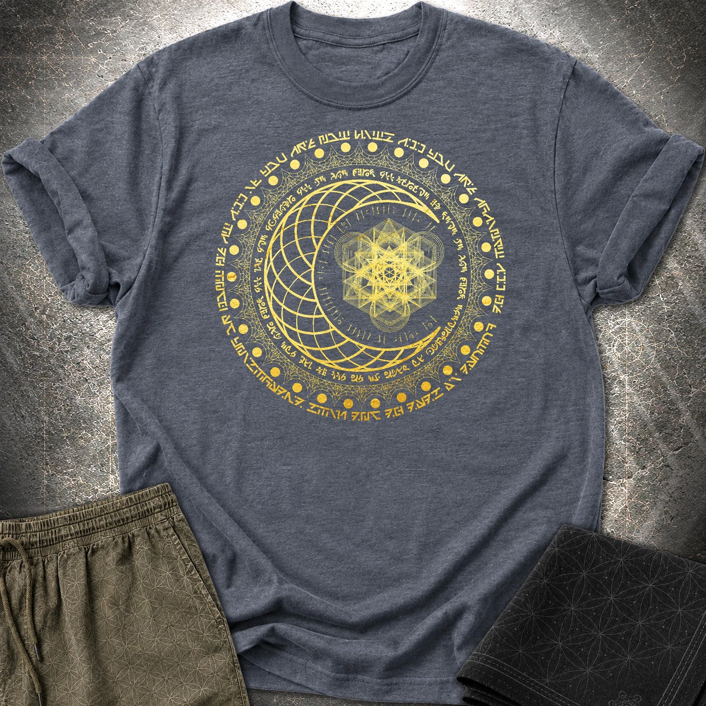 Sacred Geometry Moon Inscriptions T-Shirt - Sacred Geometry Moon Inscriptions T-Shirt - Heather Navy