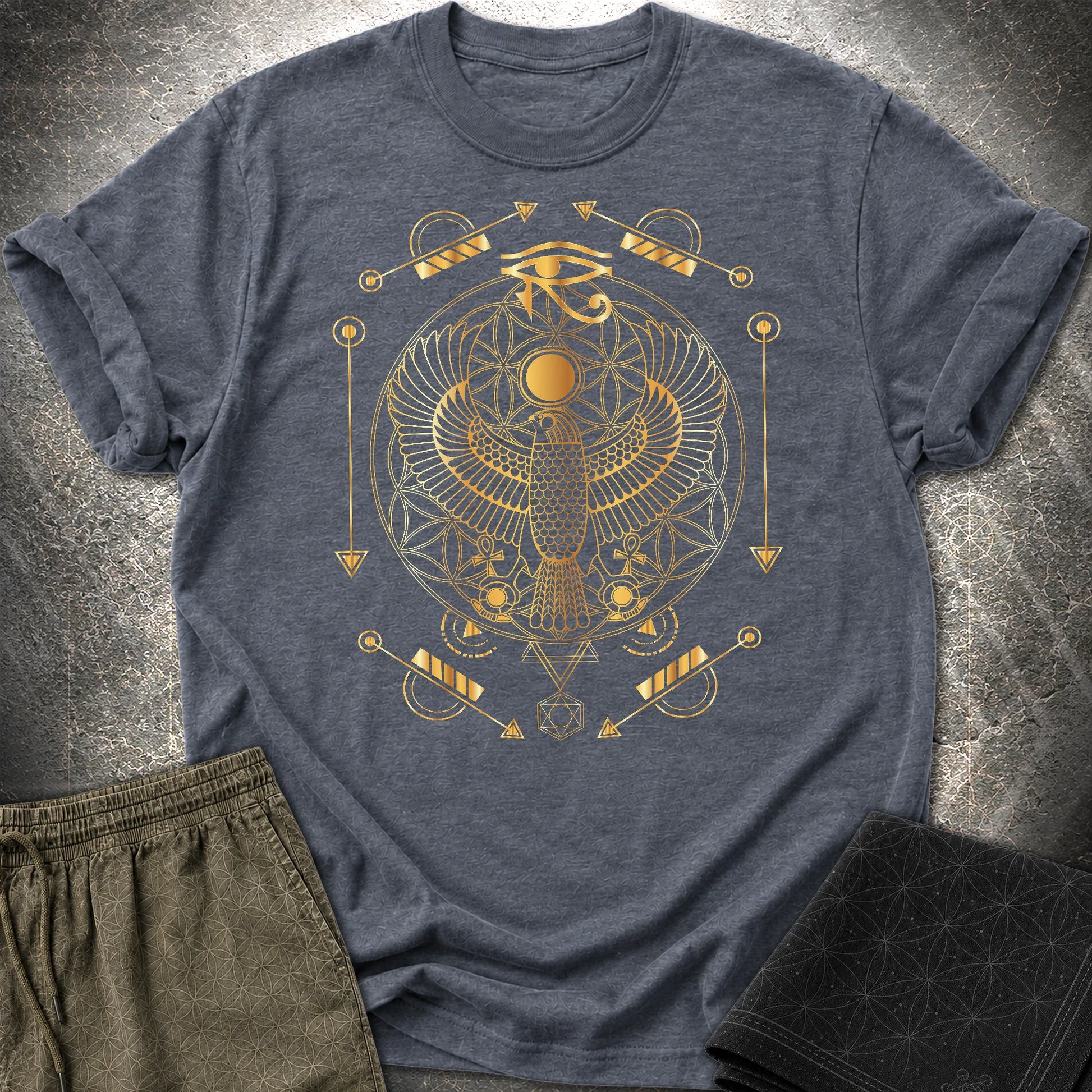 Falcon Flower Of Life Egypt T-Shirt - Falcon Flower Of Life Egypt T-Shirt - Heather Navy