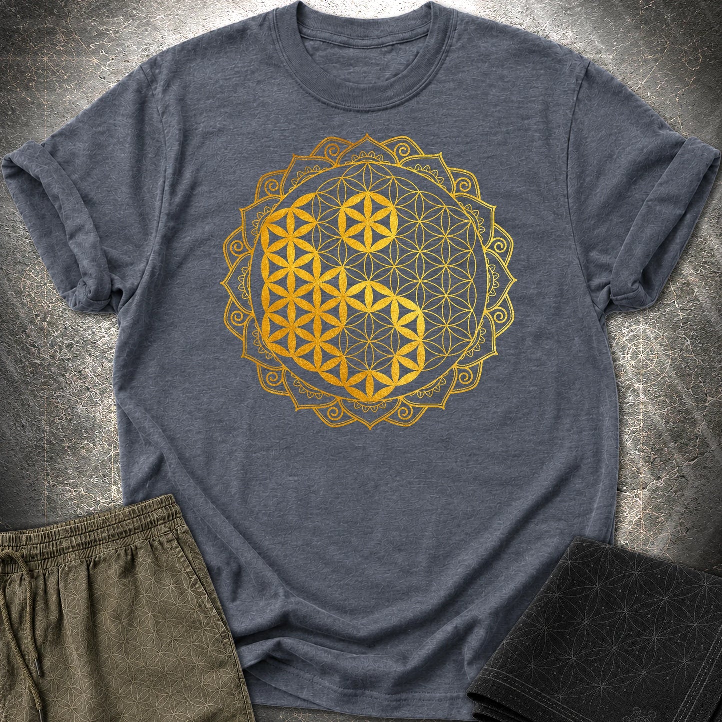 Yin Yang Gold Mandala T-Shirt - Yin Yang Gold Mandala T-Shirt - Heather Navy