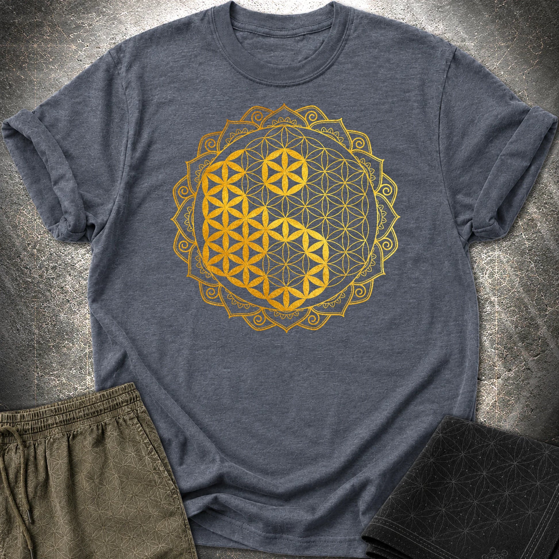 Yin Yang Gold Mandala T-Shirt - Yin Yang Gold Mandala T-Shirt - Heather Navy