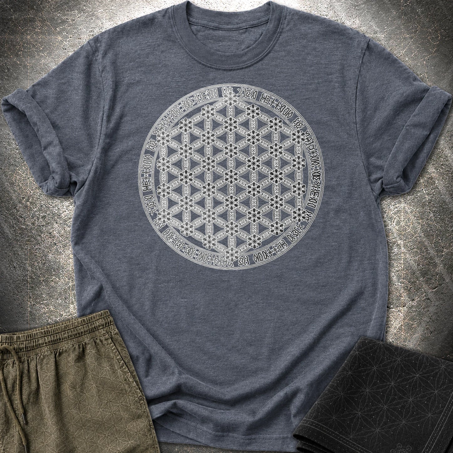 Flower Of Life Foo Lion T-Shirt - Flower Of Life Foo Lion T-Shirt - Heather Navy